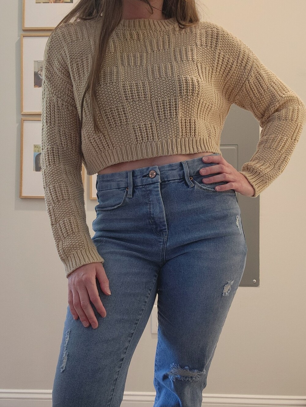 Cream Cropped Knit Sweater - Classic Crewneck - Checkered Knit Detail - Picture 7 of 7